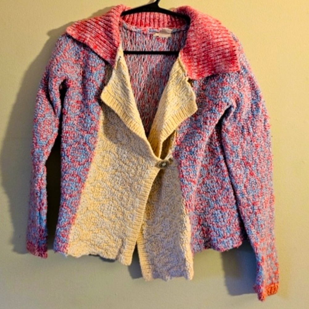 ANTHROPOLOGIE Sweater SLEEPING ON SNOW Cardigan Colorful Red Yellow Blue Small